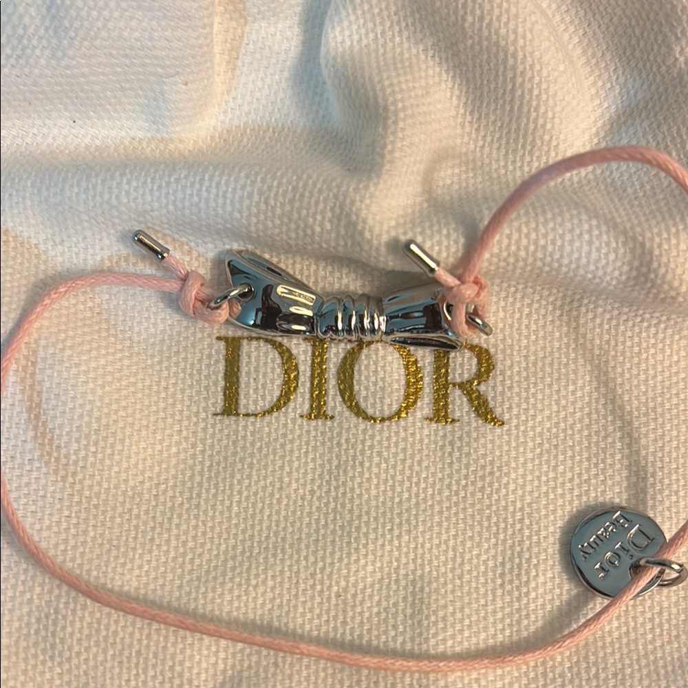 Dior Pink and Silver adjustable Ribbon Motif Bracelet with Dior pouch